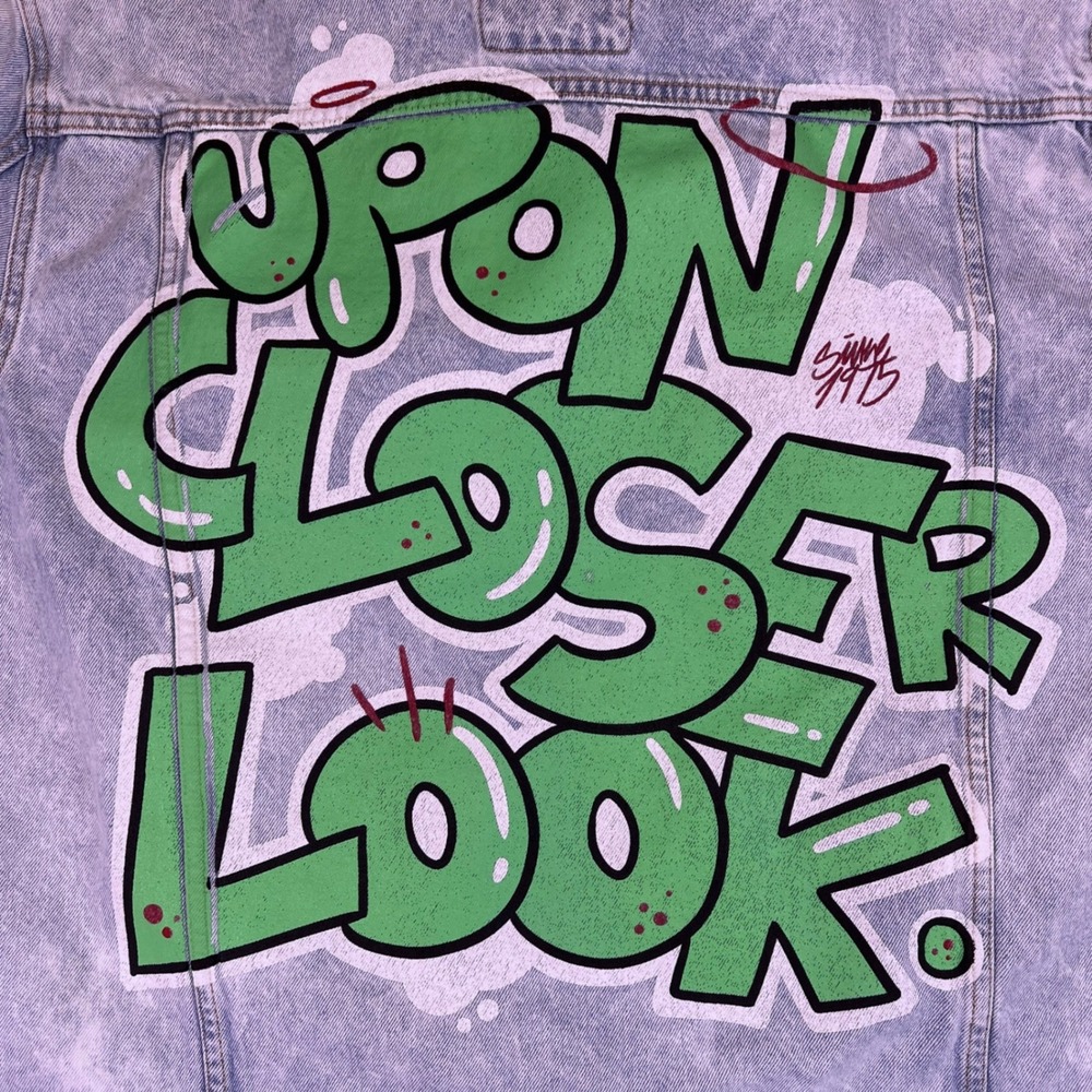 ZARA Acid Wash Denim Jacket Men XL Graphic Distressed Urban Graffiti Trucker Y2k - Picture 3 of 16